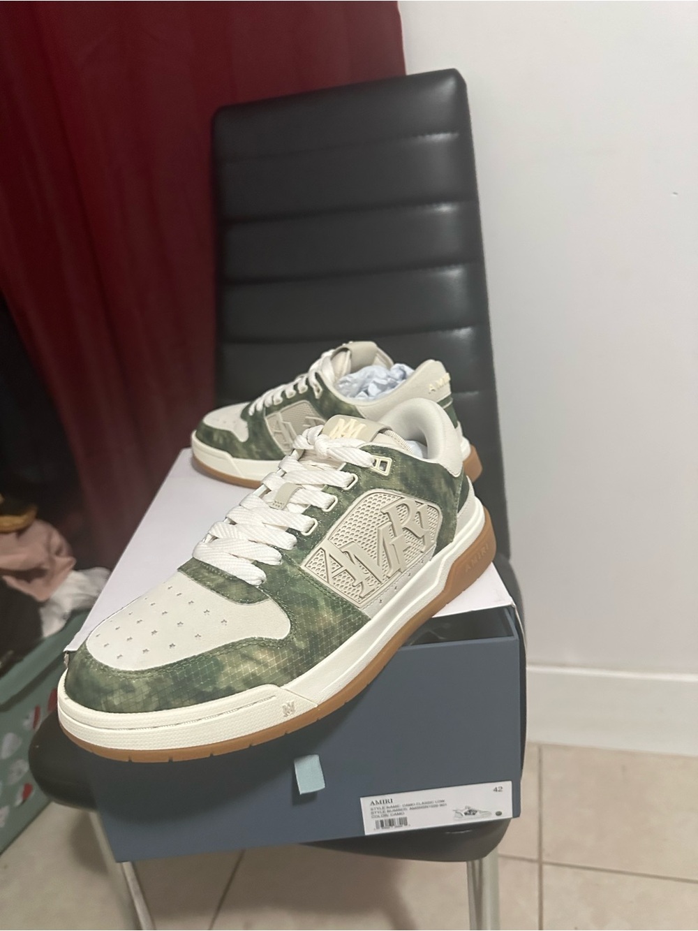 AMIRI Green Camo and Cream Low-Top Sneakers